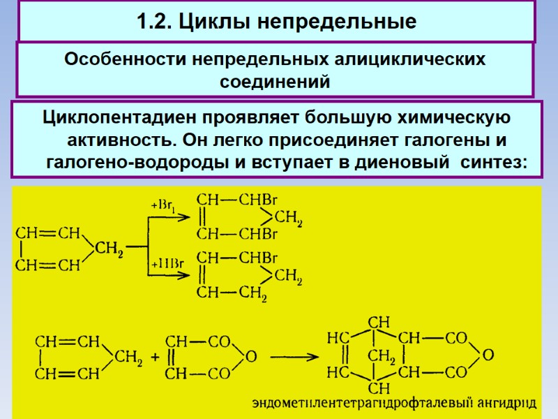 1.2. Циклы непредельные Особенности непредельных алициклических соединений Циклопентадиен проявляет большую химическую активность. Он легко